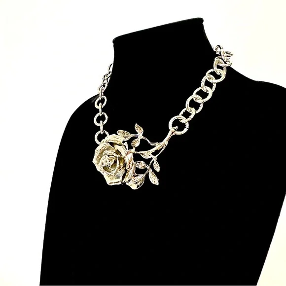 BOLD ROSE | Dramatic Sculpted Silver Rose Choker Necklace | NWOT - Picture 5 of 12